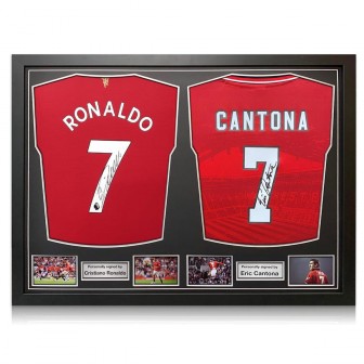 Cristiano Ronaldo & Eric Cantona Signed Manchester United Shirts. Dual Frame