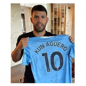 Sergio Aguero Signed 2020-21 Manchester City Football Shirt. Standard Frame