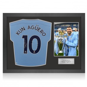 Sergio Aguero Signed 2020-21 Manchester City Football Shirt (Silver). Icon Frame