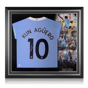 Sergio Aguero Signed 2020-21 Manchester City Football Shirt (Silver). Premium Frame