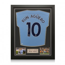 Sergio Aguero Signed 2020-21 Manchester City Football Shirt (Silver). Standard Frame