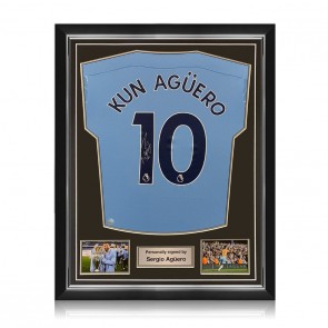 Sergio Aguero Signed 2020-21 Manchester City Football Shirt (Silver). Superior Frame