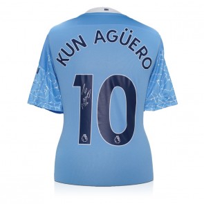 Sergio Aguero Signed 2020-21 Manchester City Football Shirt (Silver)