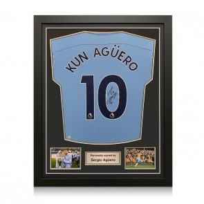 Sergio Aguero Signed 2020-21 Manchester City Football Shirt. Standard Frame