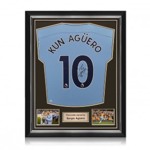 Sergio Aguero Signed 2020-21 Manchester City Football Shirt. Superior Frame