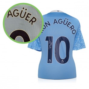 Sergio Aguero Signed Manchester City 2020-21 Football Shirt (Silver). Damaged A