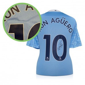 Sergio Aguero Signed 2020-21 Manchester City Football Shirt. Damaged A