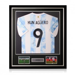 Sergio Aguero Signed 2021-22 Argentina Football Shirt. Deluxe Frame