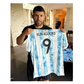 Sergio Aguero Signed 2021-22 Argentina Football Shirt. Icon Frame