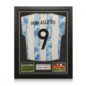 Sergio Aguero Signed 2021-22 Argentina Football Shirt. Standard Frame