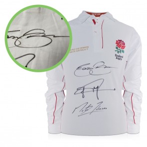  Jason Robinson, Jonny Wilkinson & Martin Johnson Signed England Rugby Shirt. Damaged E