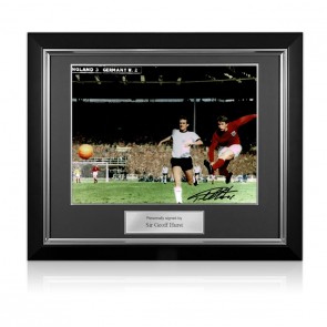 Sir Geoff Hurst Signed England Football Photo: 1966 World Cup. Deluxe Frame