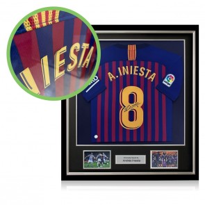  Andres Iniesta Signed Barcelona 2018-19 Football Shirt: Deluxe Frame. Damaged