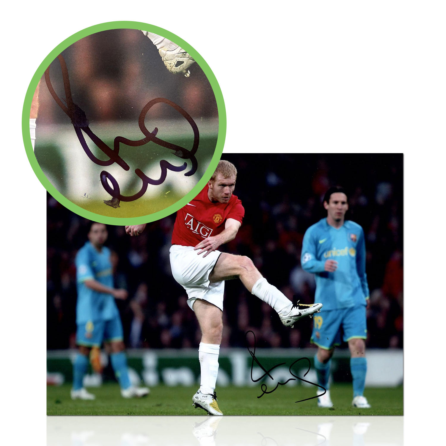 Paul Scholes Signed Manchester United Football Photo: Barcelona Volley. Damaged C