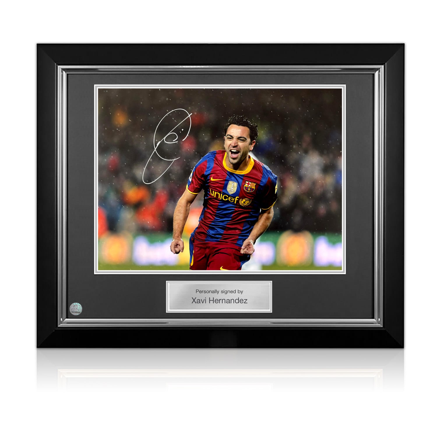 Xavi Hernandez Signed Barcelona Football Photo. Deluxe Frame