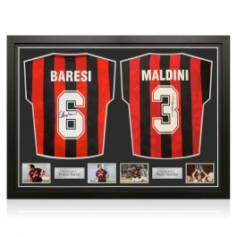 Paolo Maldini And Franco Baresi Signed 1994 AC Milan Football Shirts. Dual Framed