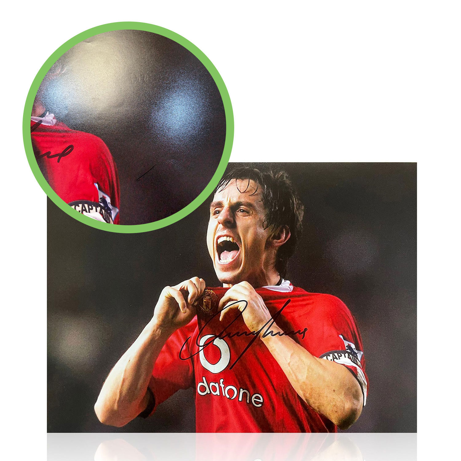 Gary Neville Signed Manchester United Football Photo: Badge. Damaged B