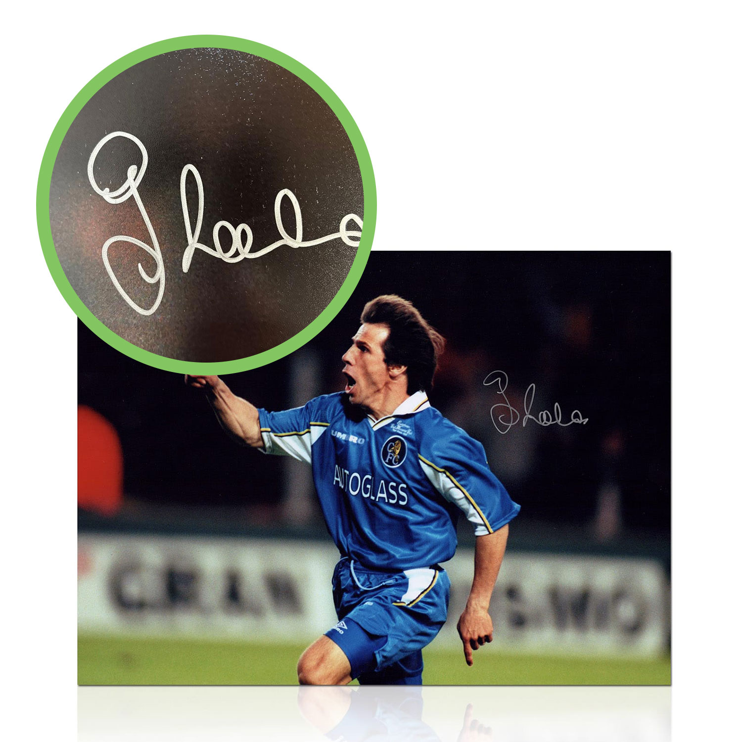 Gianfranco Zola Signed Chelsea Football Photo: 1998 Cup Final Goal. Damaged A