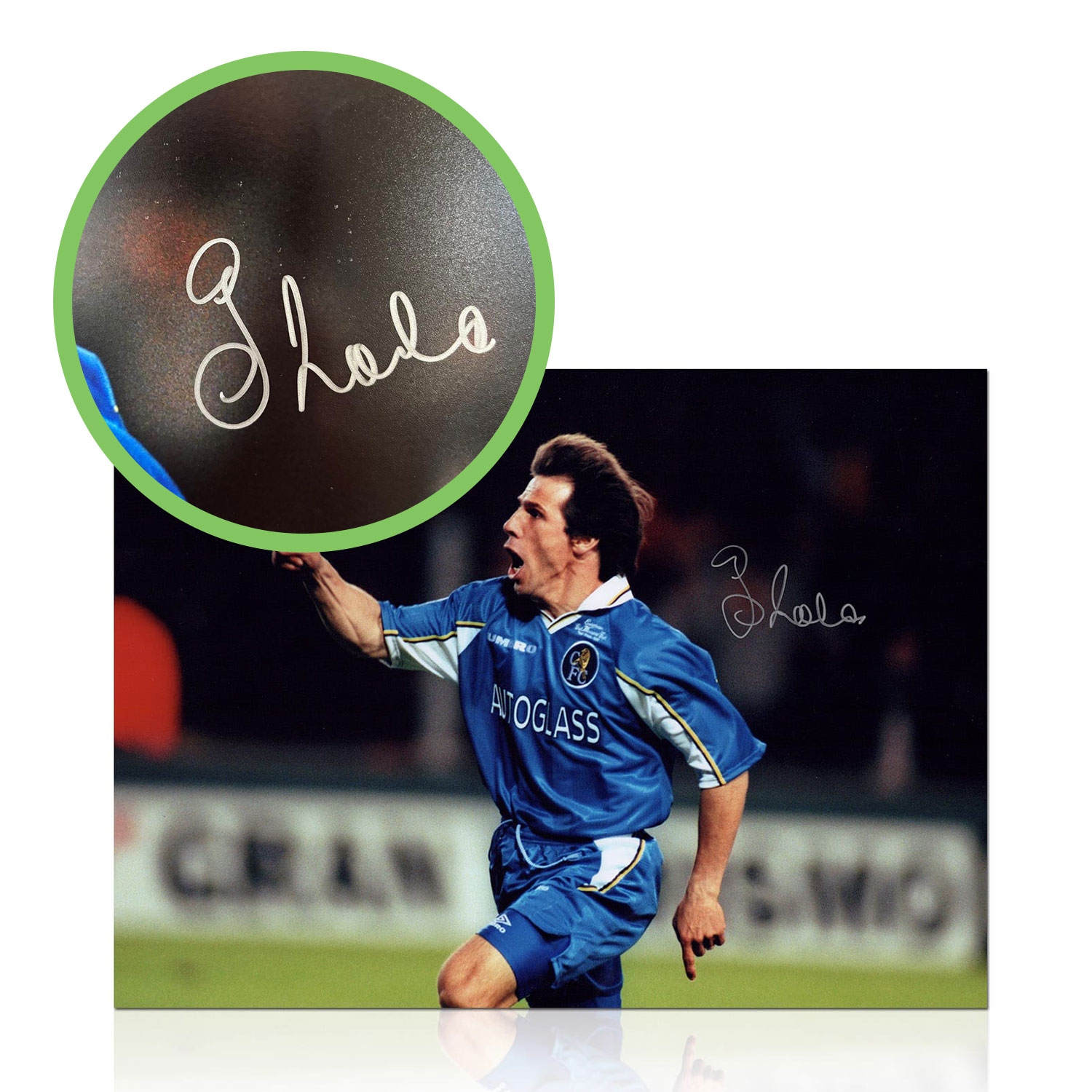 Gianfranco Zola Signed Chelsea Football Photo: 1998 Cup Final Goal. Damaged B