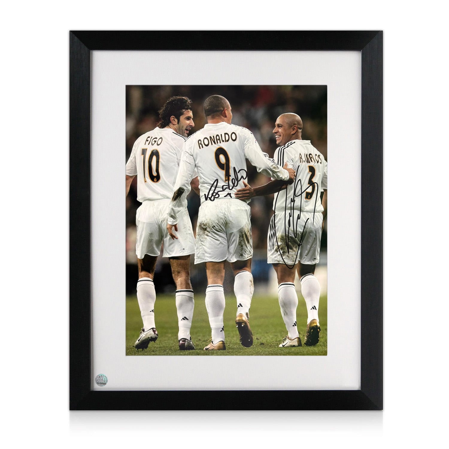 Ronaldo de Lima & Roberto Carlos Signed Real Madrid Football Photo: 3 Amigos. Framed