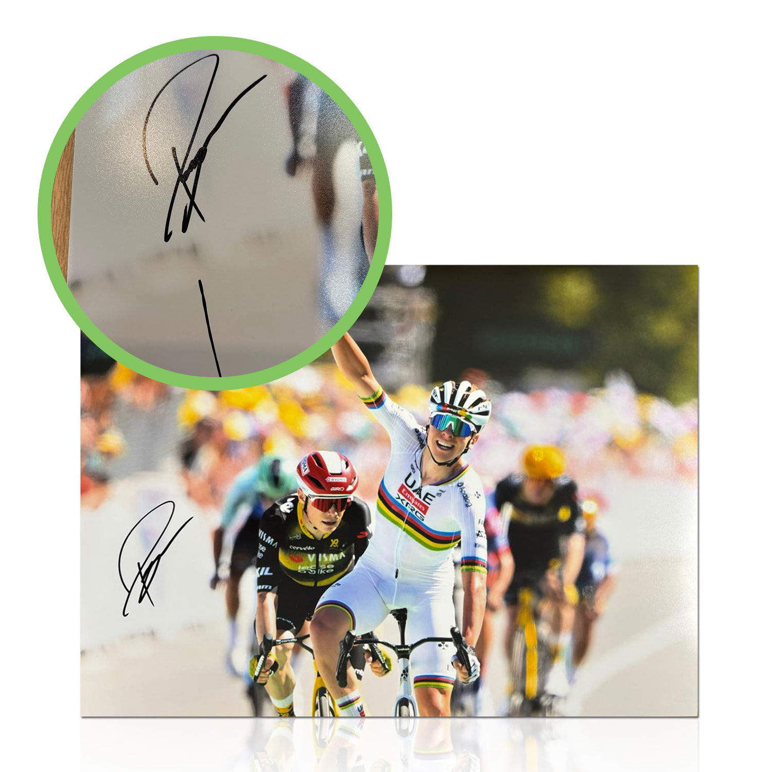 Tadej Pogacar Signed Cycling Photo: Mur-de-Bretagne Stage Win. Damaged B