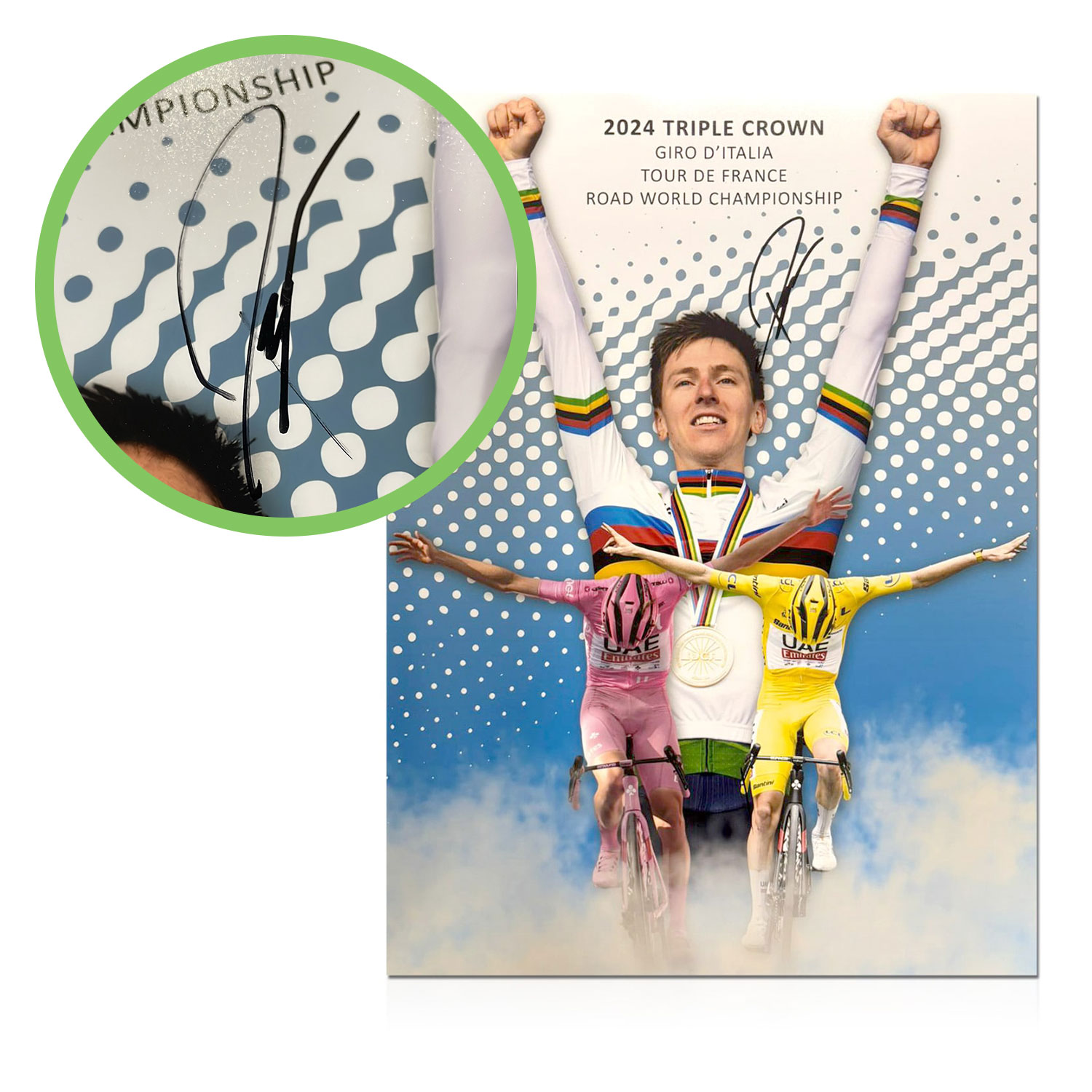 Tadej Pogacar Signed Cycling Photo: Triple Crown. Damaged A