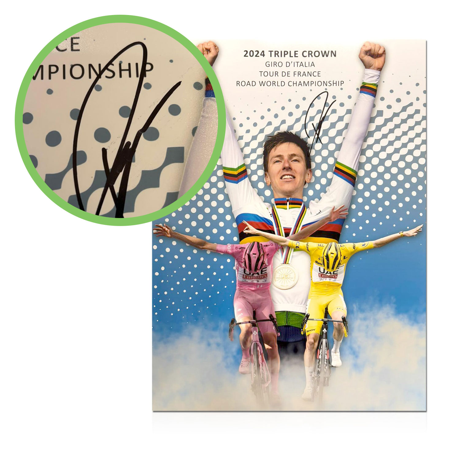 Tadej Pogacar Signed Cycling Photo: Triple Crown. Damaged B