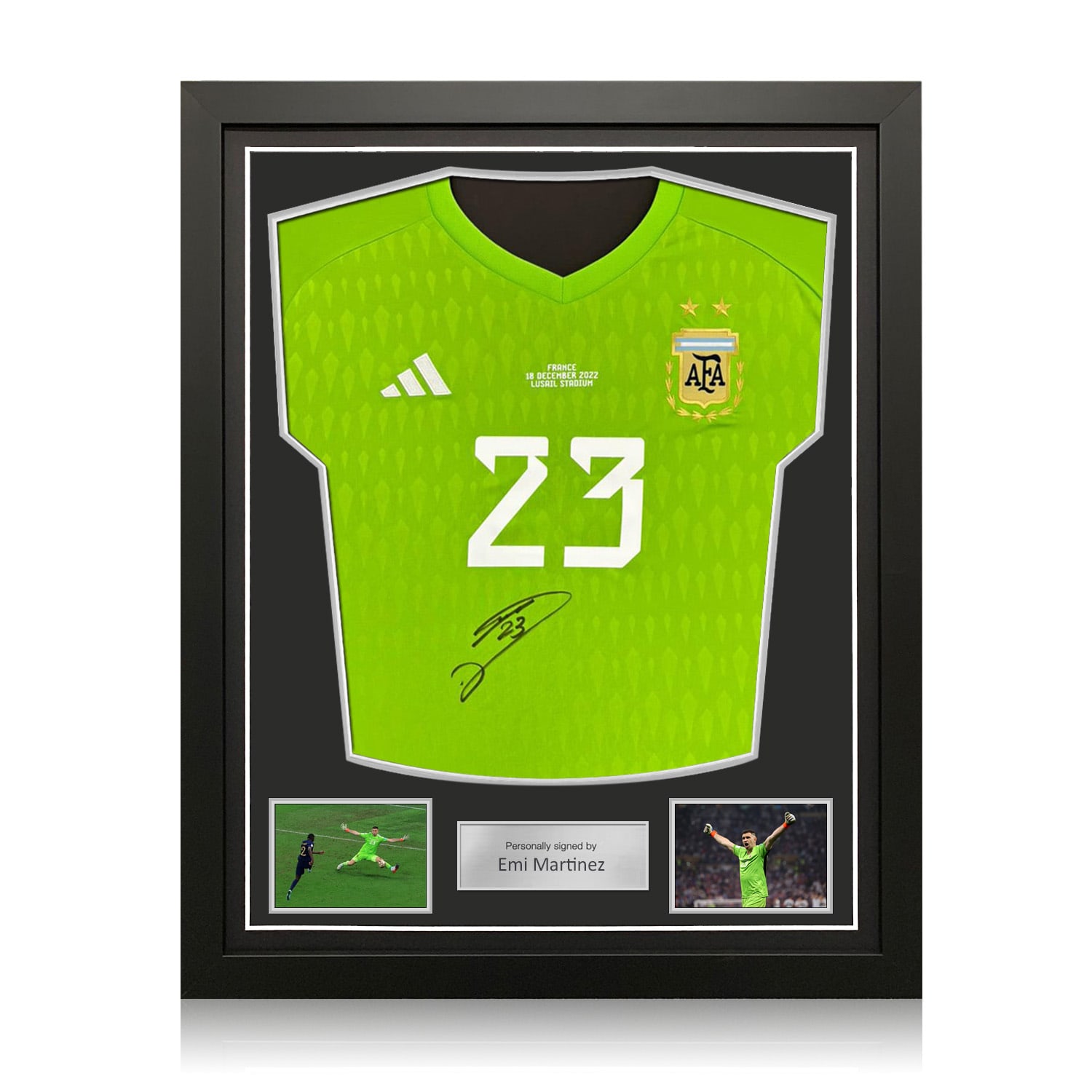Emi Martinez Front Signed Argentina 2022-23 Home Goalkeeper Shirt. Standard Frame