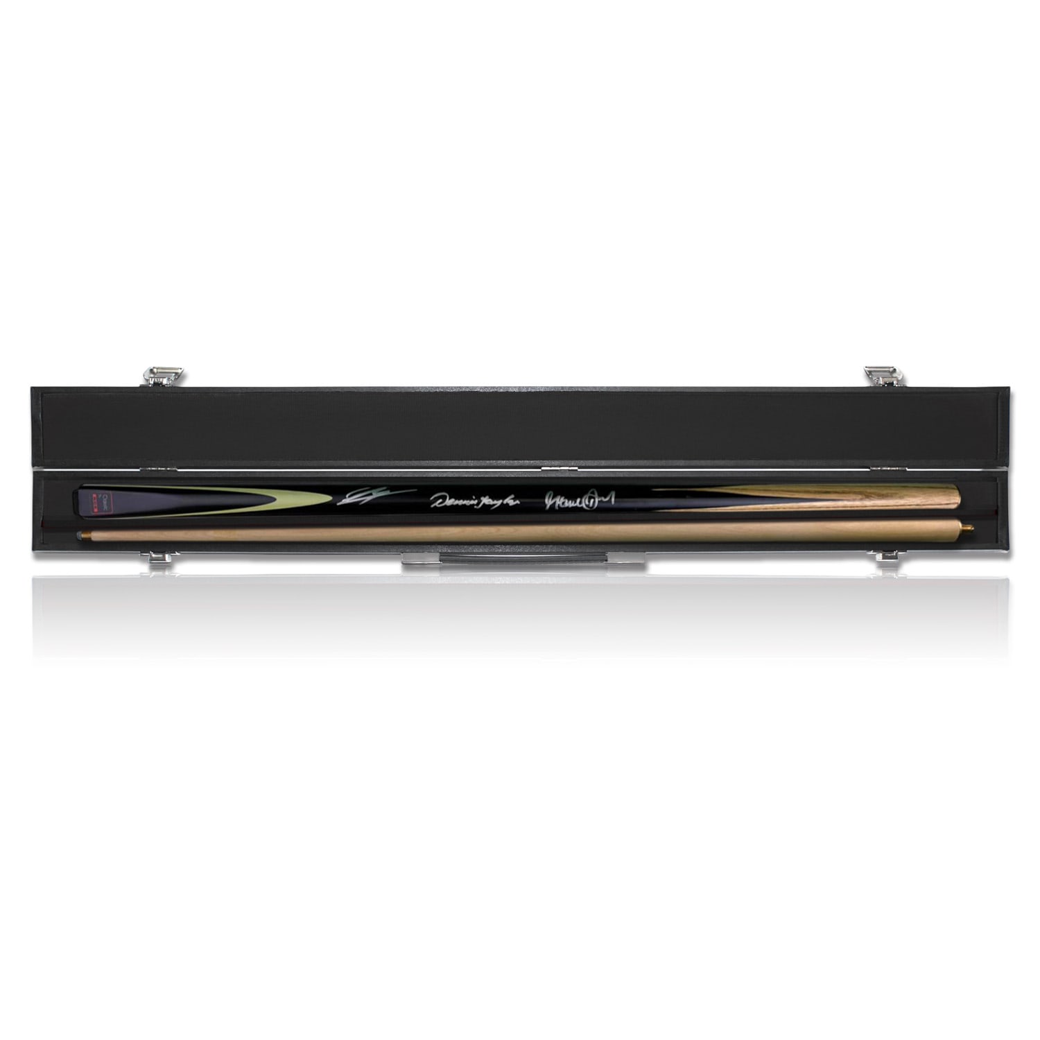 Luca Brecel, Dennis Taylor & Steve Davis Signed Snooker Cue. Display Case