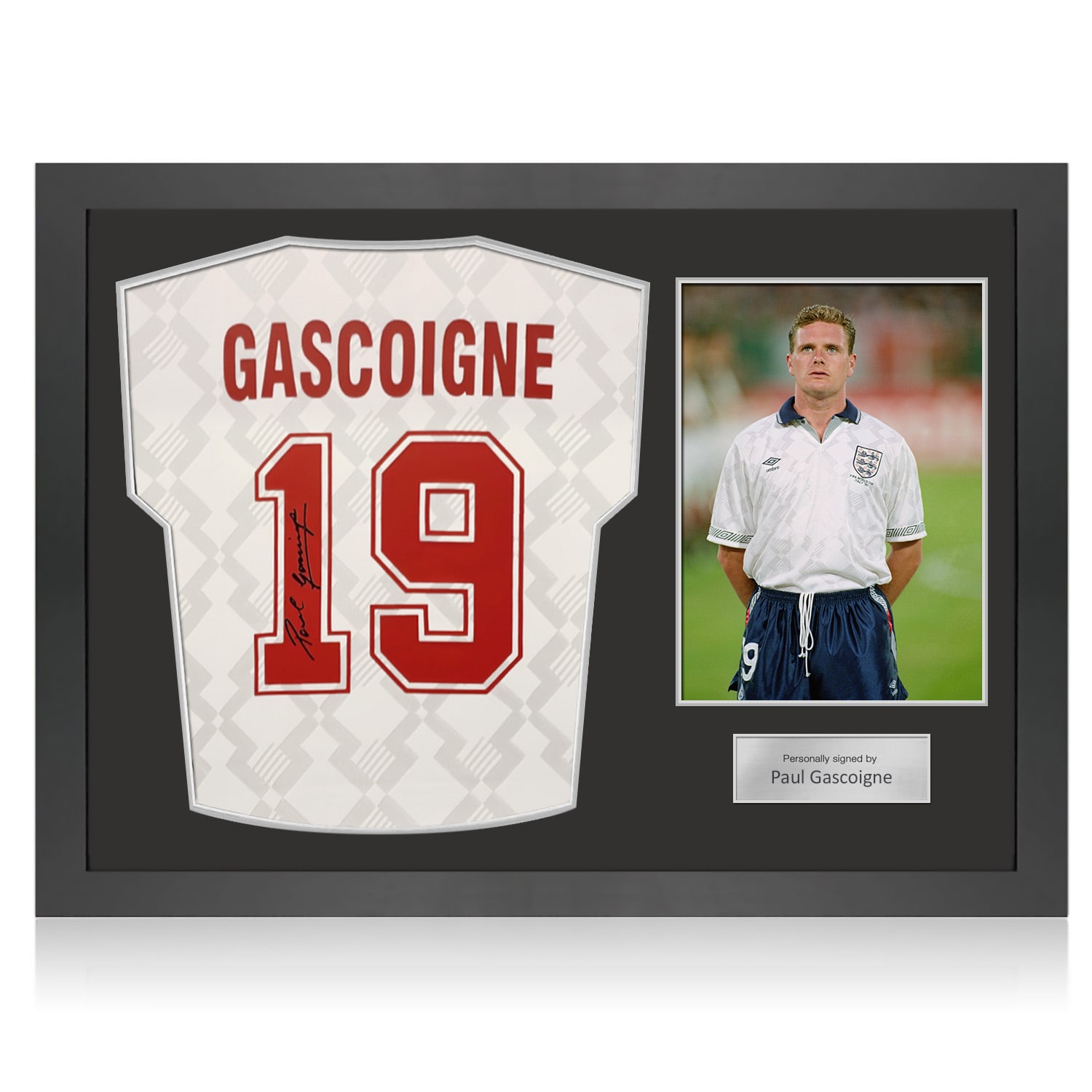 Paul Gascoigne Signed England 1990 Home Football Shirt. Icon Frame