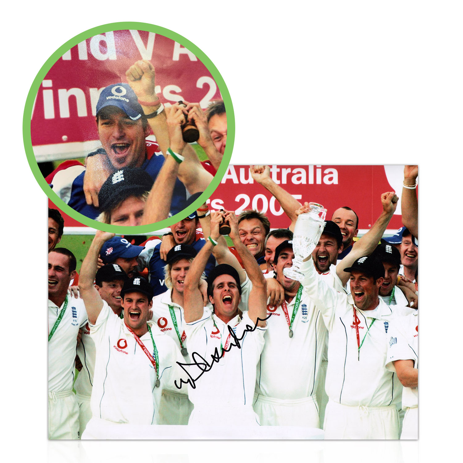 Michael Vaughan Signed England Cricket Photo: Ashes Winners 2005. Damaged C