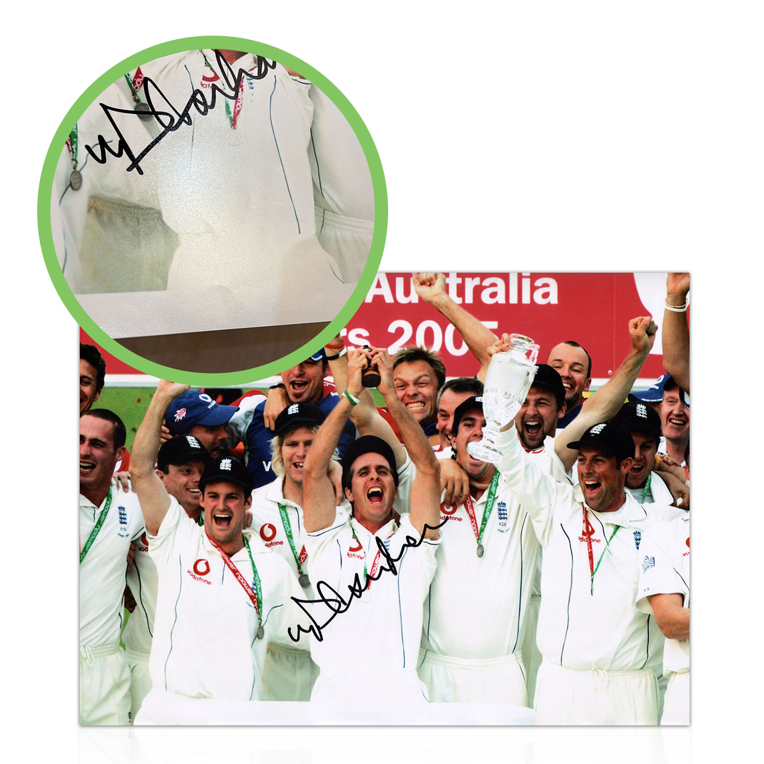 Michael Vaughan Signed England Cricket Photo: Ashes Winners 2005. Damaged D