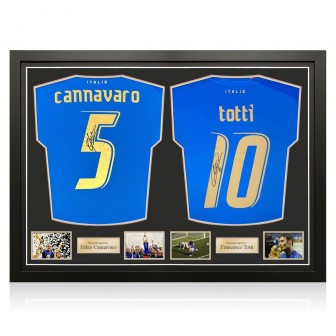 Fabio Cannavaro And Francesco Totti Signed Italy 2022 Home Shirts. Dual Frame