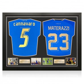 Fabio Cannavaro and Marco Materazzi Signed Italy 2022 Football Shirts. Dual Frame