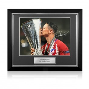 Fernando Torres Signed Atletico Madrid Football Photo: Europa Trophy. Deluxe Frame