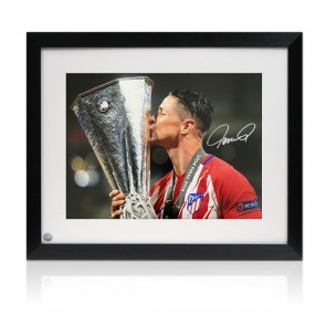 Fernando Torres Signed Atletico Madrid Football Photo: Europa Trophy. Framed