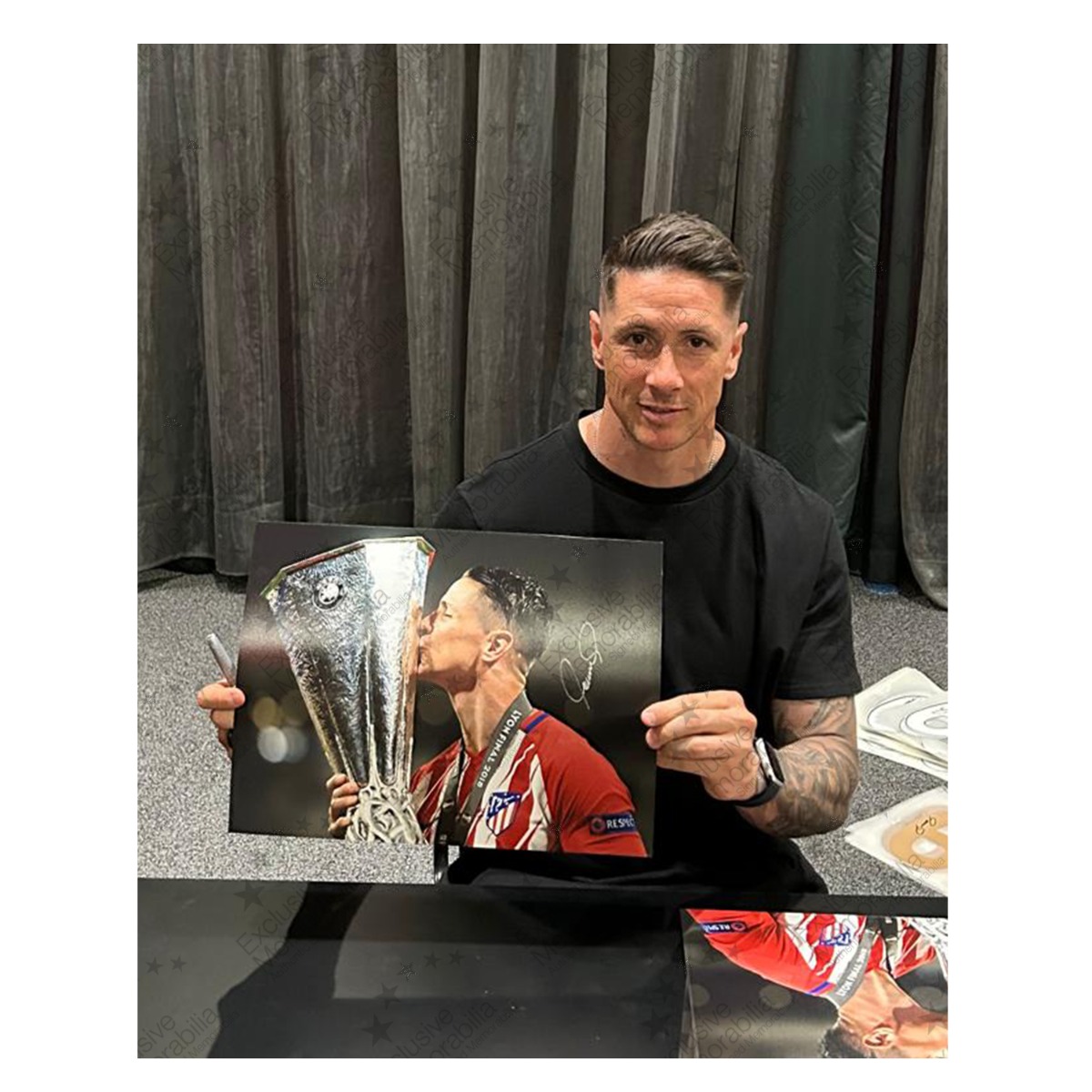 Fernando Torres Signed Atletico Madrid Football Photo: Europa Trophy. Framed