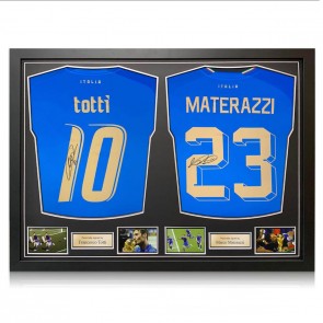 Francesco Totti And Marco Materazzi Signed Italy 2022 Football Shirts. Dual Frame