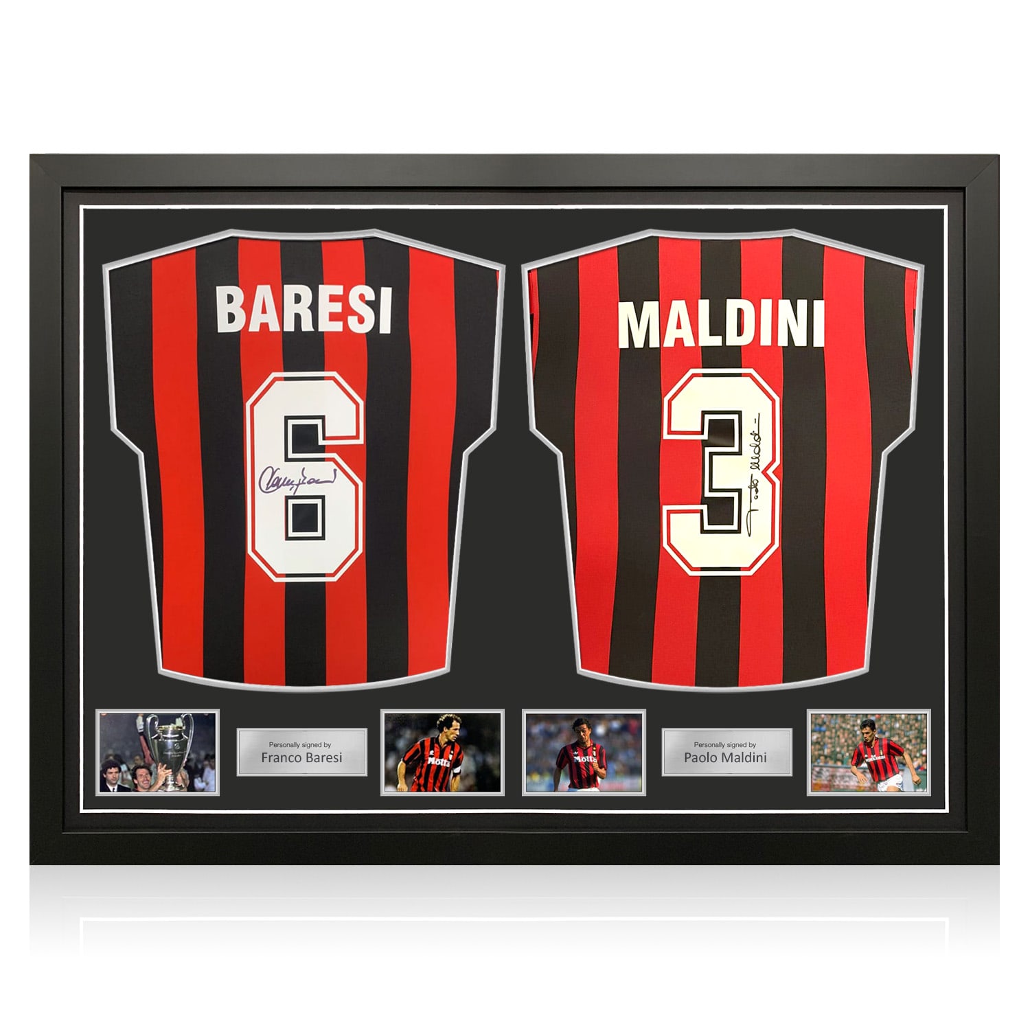 Franco Baresi & Paolo Maldini Signed AC Milan 1988 Football Shirts. Dual Frame