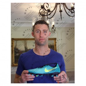 Gary Cahill Signed Football Boot: Turquoise. Display Case