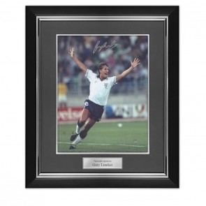 Gary Lineker Signed England Football Photo: 1990 Goal. Deluxe Frame
