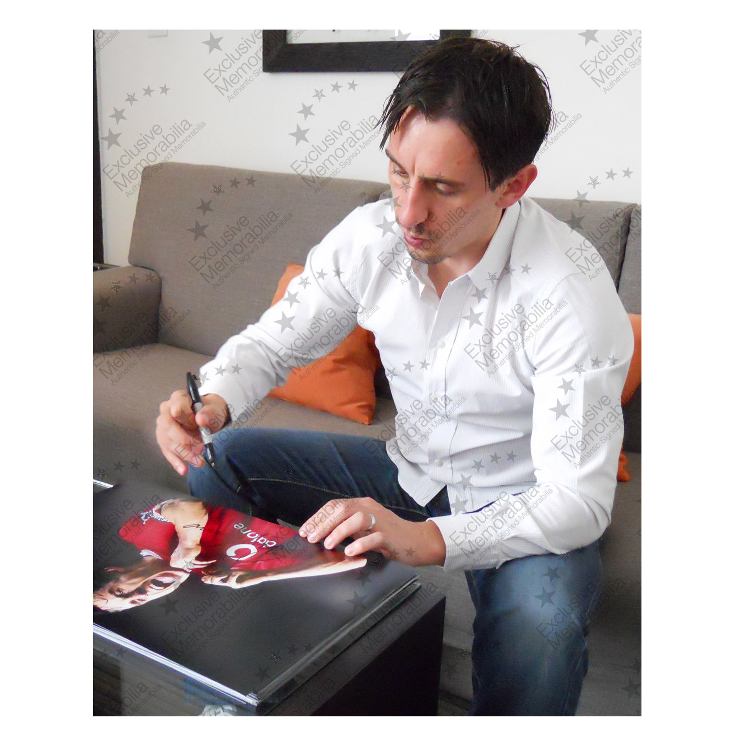 Gary Neville Signed Manchester United Football Photo: Badge. Damaged B