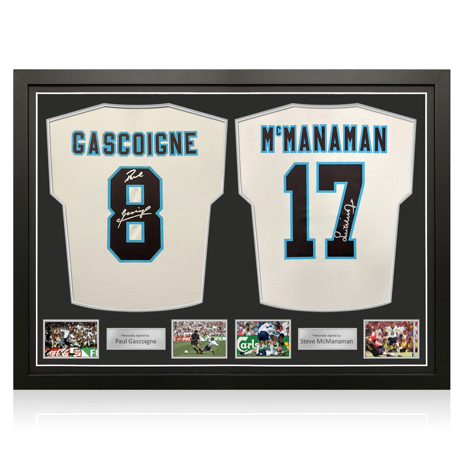 Steve McManaman & Paul Gascoigne Signed England 1996 Home Football Shirts. Dual Frame