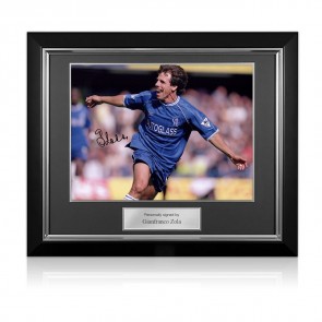 Gianfranco Zola Signed Chelsea Football Photo: West Ham Goal. Deluxe Frame