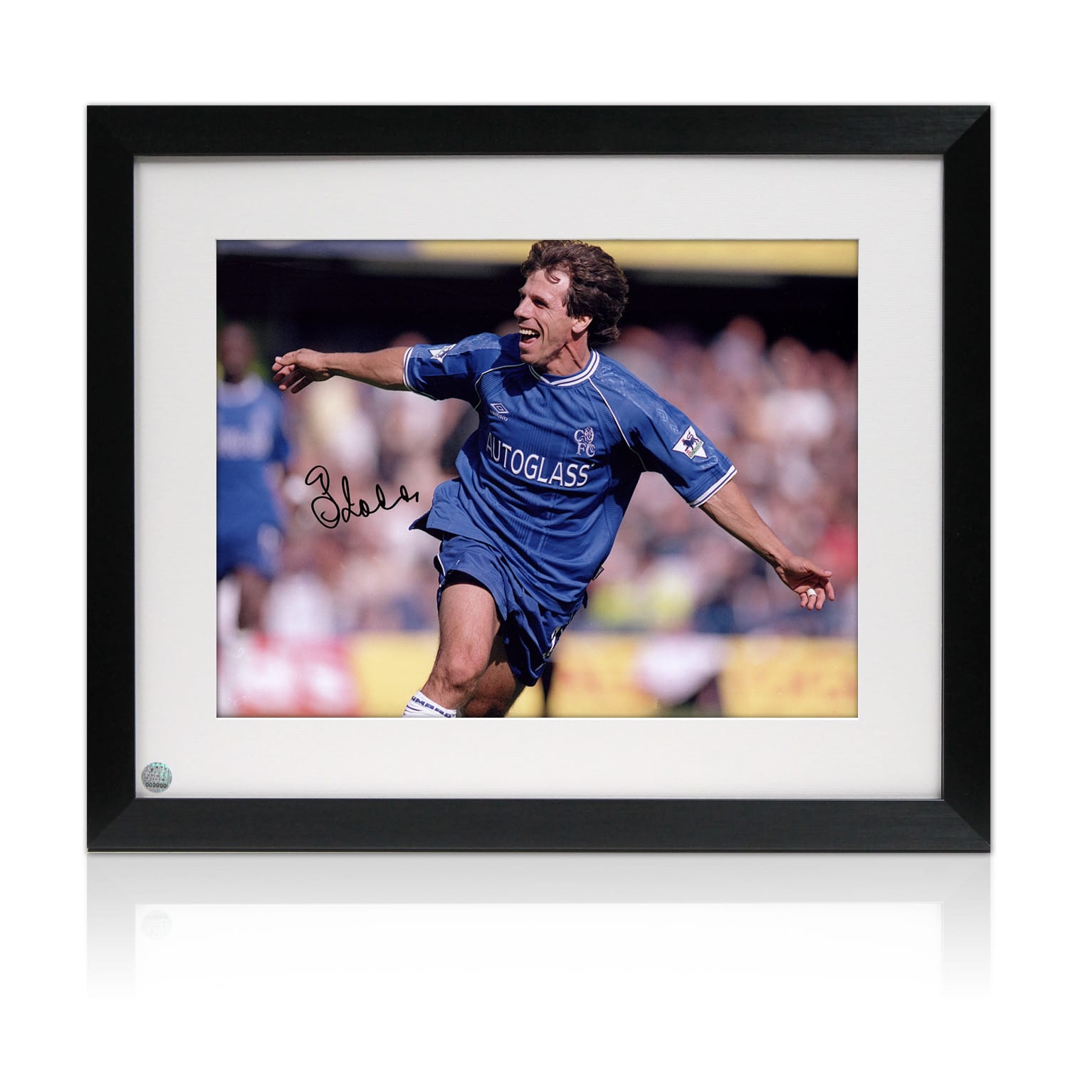 Gianfranco Zola Signed Chelsea Football Photo: West Ham Goal. Framed