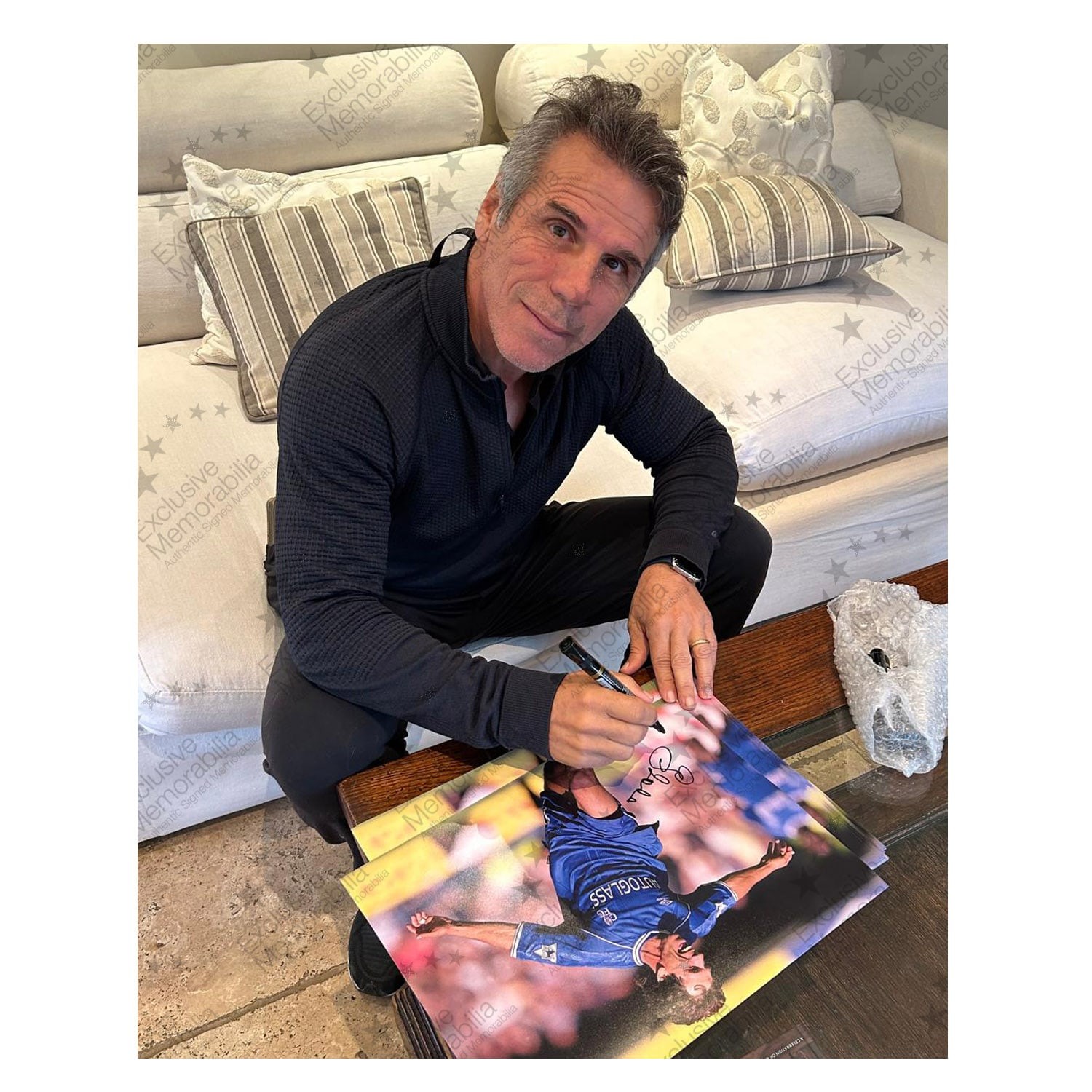 Gianfranco Zola Signed Chelsea Football Photo: West Ham Goal. Deluxe Frame