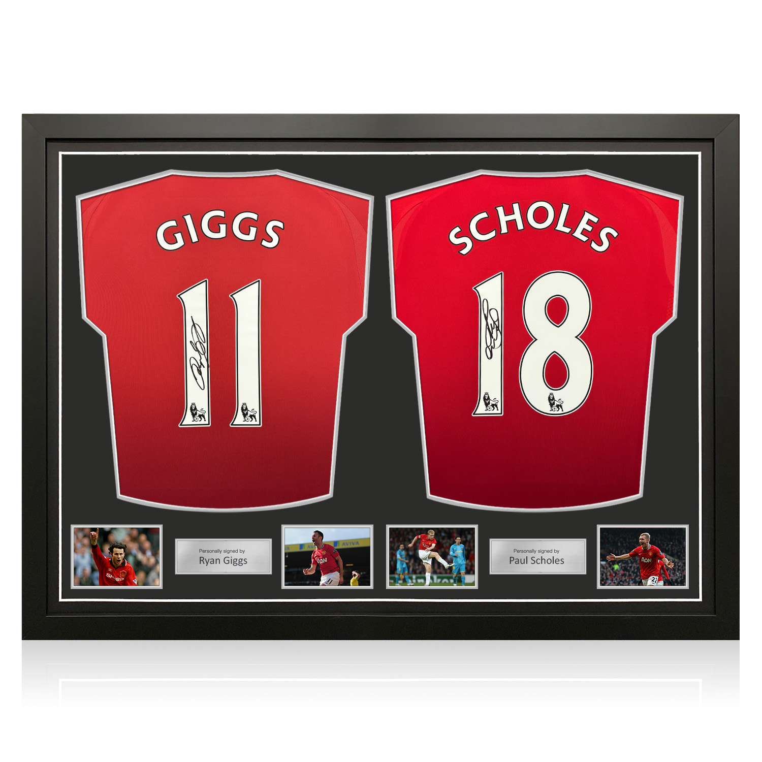 Ryan Giggs & Paul Scholes Signed Manchester United Football Shirts. Dual Frame