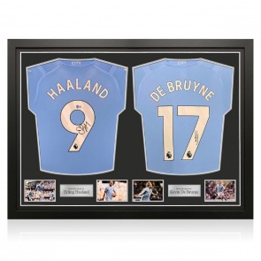 Kevin De Bruyne And Erling Haaland Signed Manchester City 2023-24 Football Shirts. Dual Frame