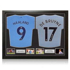 Erling Haaland And Kevin De Bruyne Signed Manchester City Football Shirts. Dual Frame