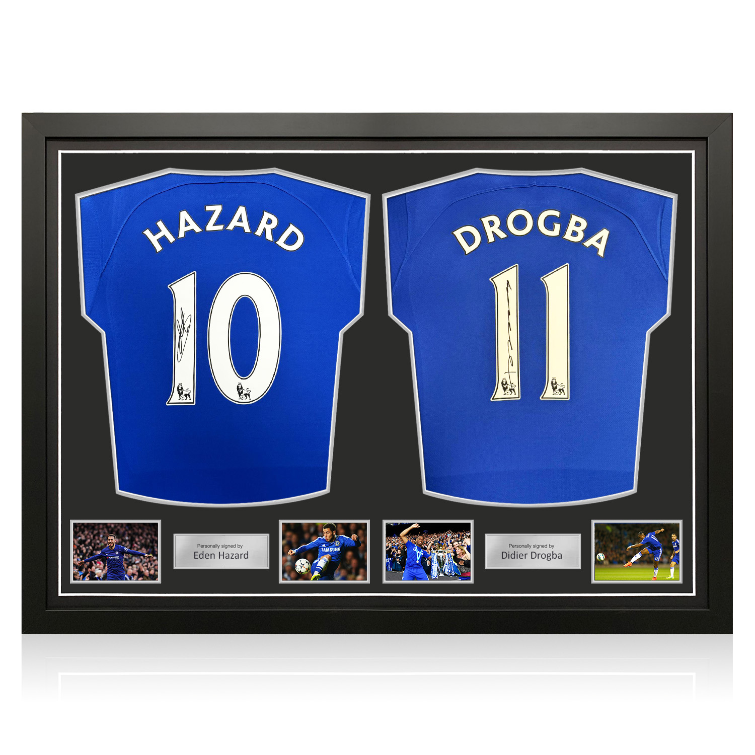 Eden Hazard & Didier Drogba Signed Chelsea 2022-23 Football Shirts. Dual Frame